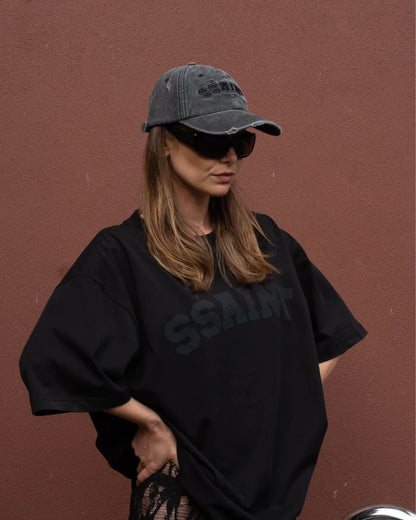 SSAINT BLACK ACID WASH CAP - BLACK WRITING