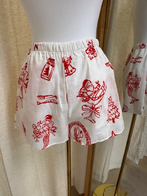 WHITE SANTA PRINT SHORT SET
