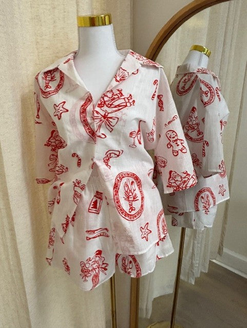 WHITE SANTA PRINT SHORT SET